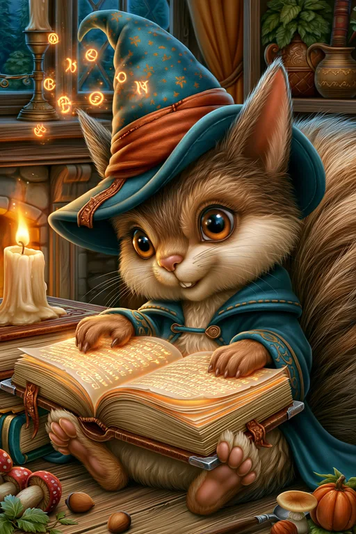 A cute squirrel wearing a wizard's hat and robe is engrossed in