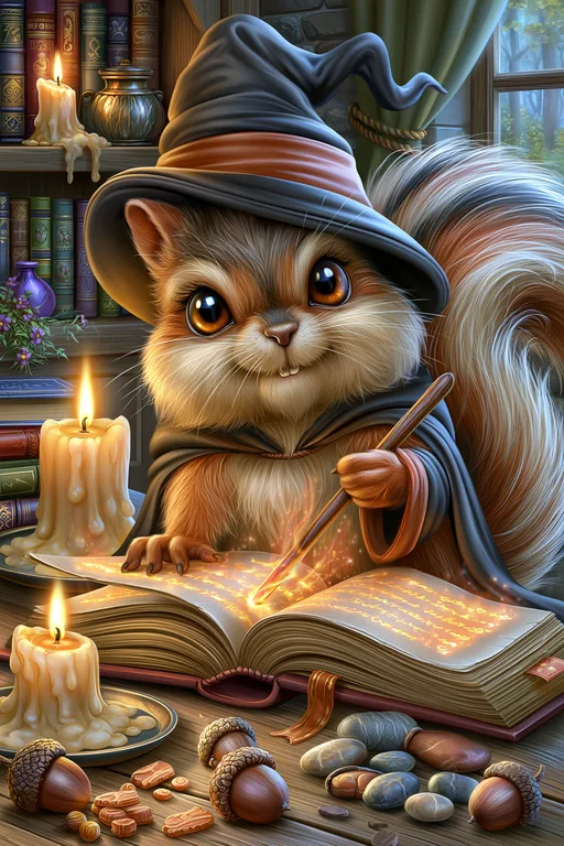 A cute squirrel wearing a wizard hat and cloak is casting a spell