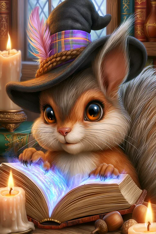 A cute, anthropomorphic squirrel wearing a witch's hat is engrossed