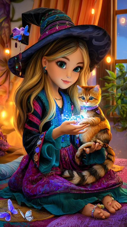 A young witch with blonde hair and bright green eyes sits holding a