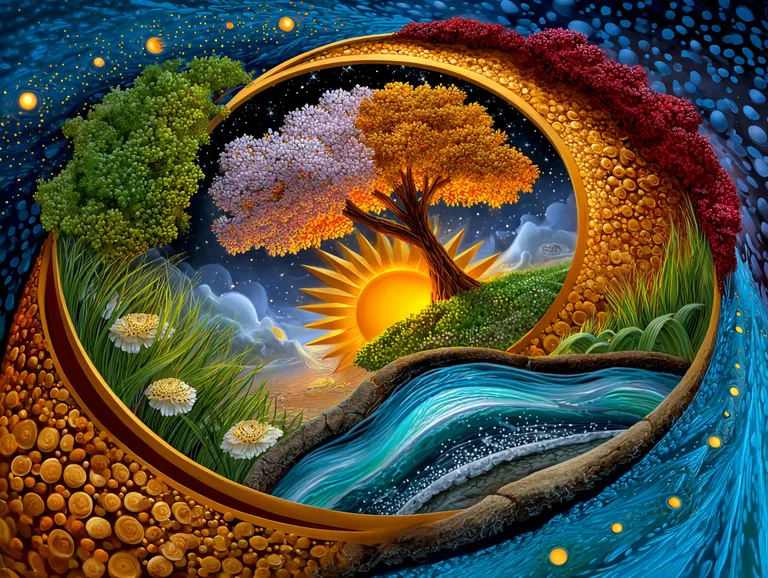 A surreal circular landscape depicts the cycle of seasons within a