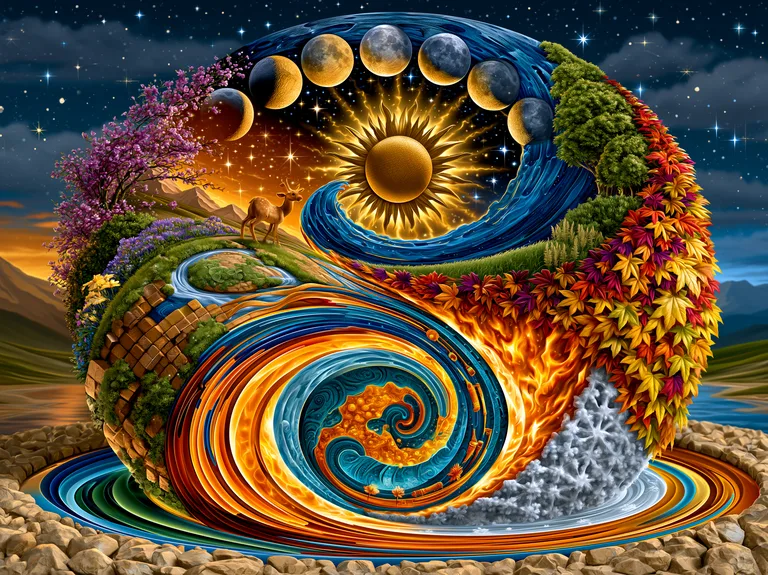 A surreal depiction of the Earth as a sphere, showcasing the cycles