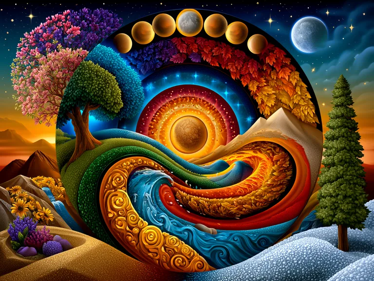 A vibrant, circular depiction of the cosmos and earthly elements