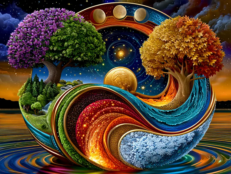 A circular, layered depiction of the four elements, framed by a
