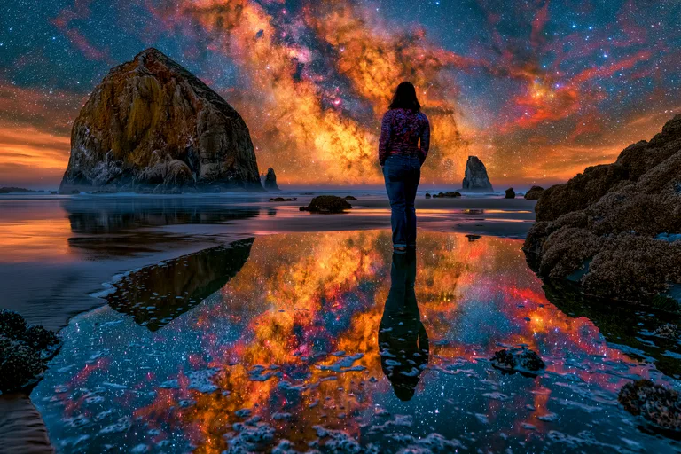A lone figure stands on a beach, gazing at a breathtaking reflection