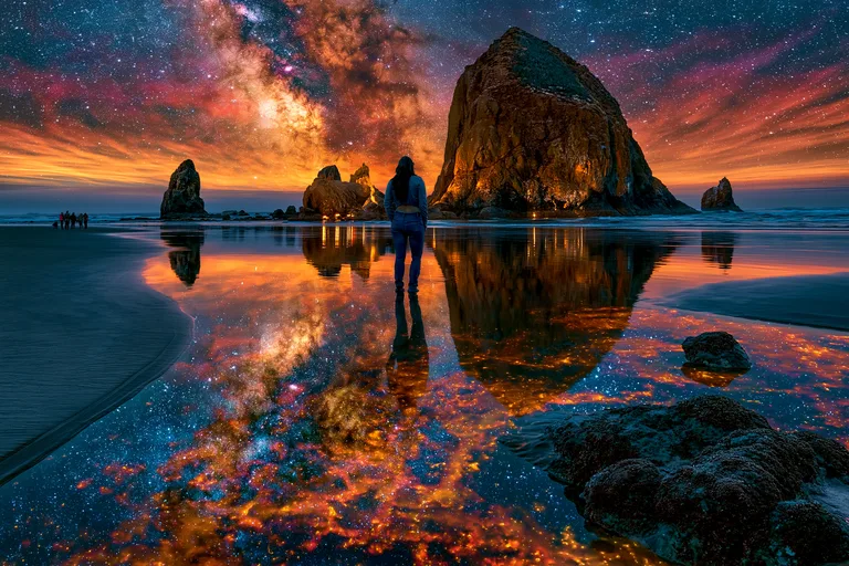 A lone figure stands on a beach, gazing at a breathtaking celestial