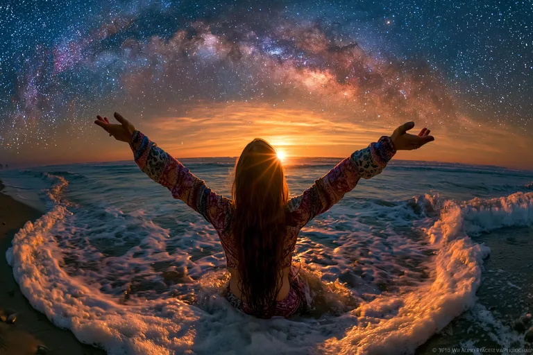 A woman sits in the ocean waves with her arms outstretched towards a