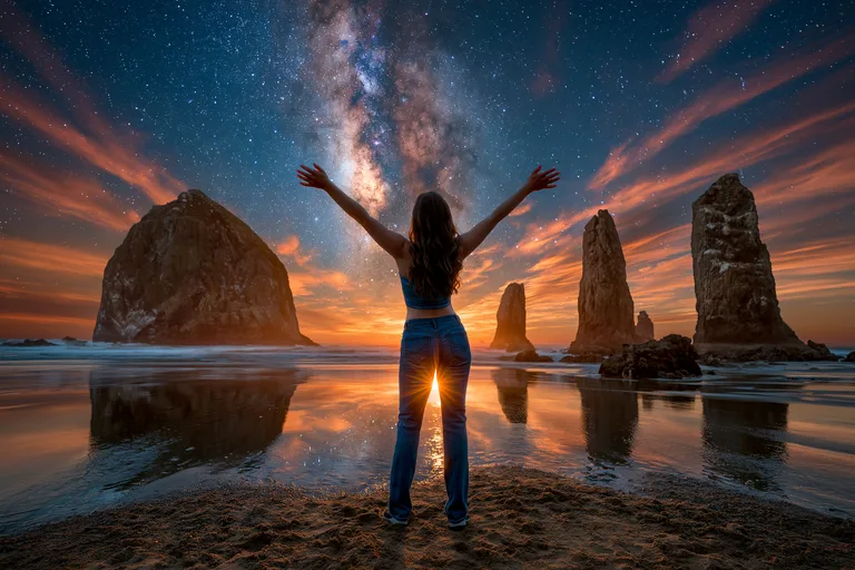 A woman stands on a beach with her arms outstretched towards a