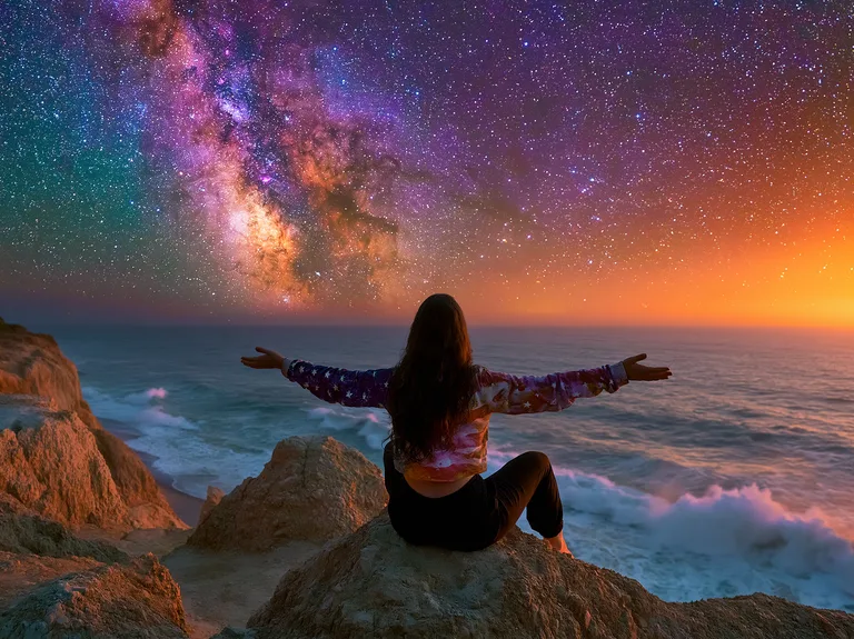 A person sits on a cliff overlooking the ocean, with arms