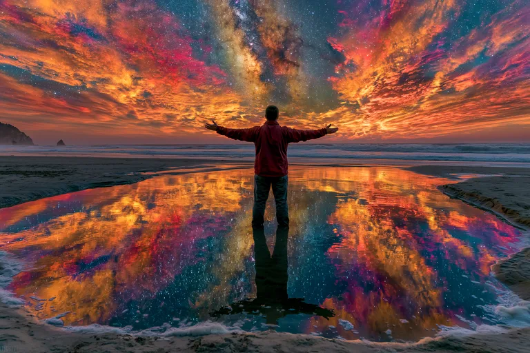 A lone figure stands on a beach, arms outstretched towards a vibrant,