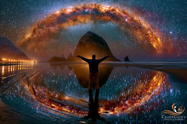 A lone figure stands on a beach with arms outstretched, silhouetted