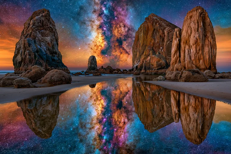 A breathtaking view of the Milky Way galaxy arching over a serene