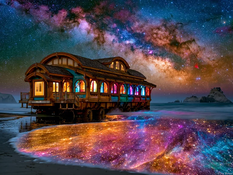 A whimsical, old-fashioned caravan sits on a beach under a vibrant,