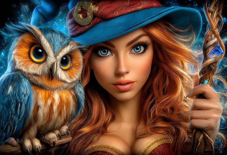 A young woman with fiery red hair and striking blue eyes, wearing a