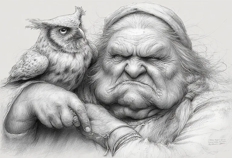 A detailed pencil sketch depicts an elderly woman with a stern