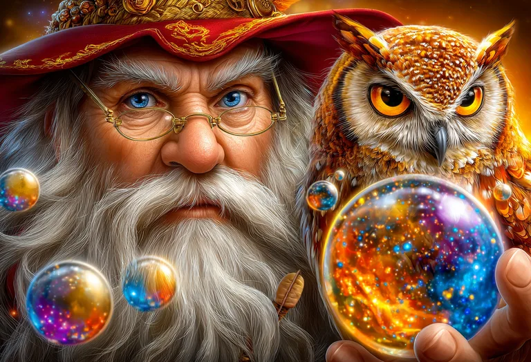 A wise old wizard with a long white beard and blue eyes, wearing a