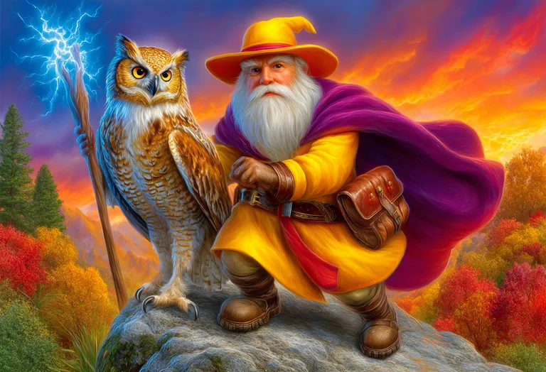 A wise old wizard with a long white beard and a yellow hat stands on