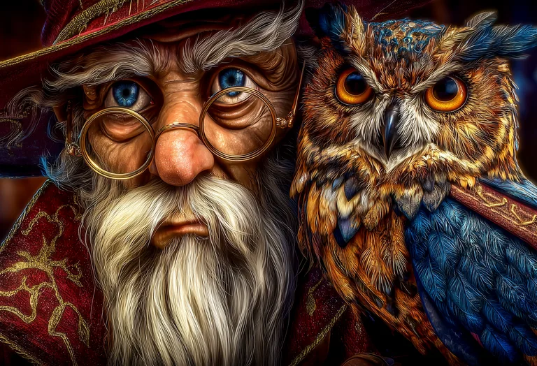 A close-up portrait of an elderly wizard with a long white beard and