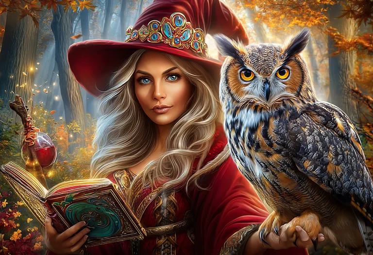 A beautiful witch with flowing blonde hair and striking blue eyes