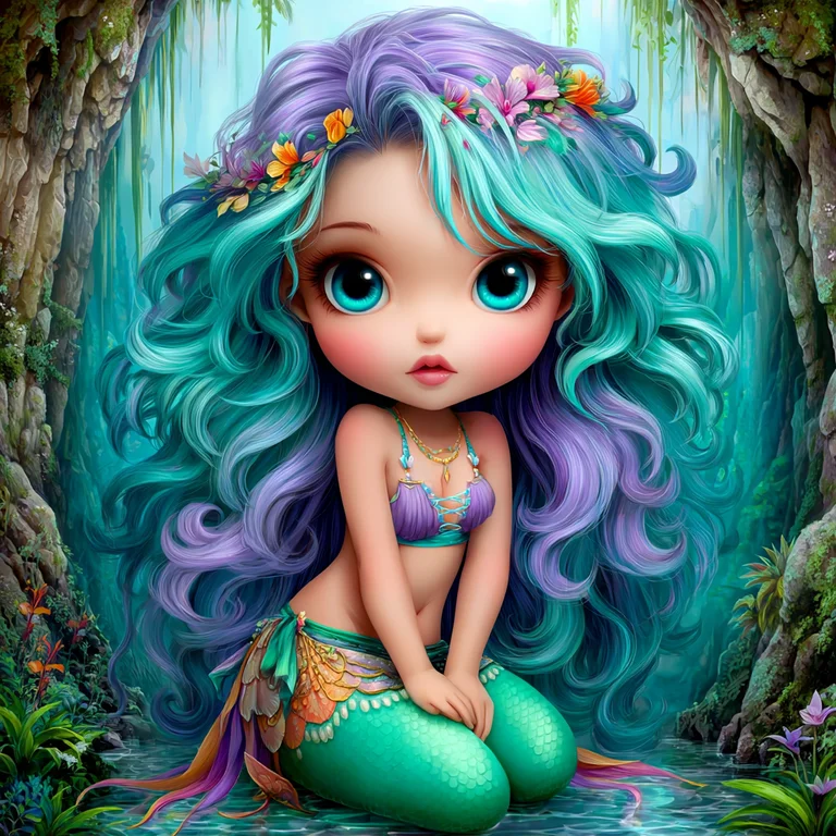 A whimsical mermaid with vibrant, multi-colored hair sits in a lush,