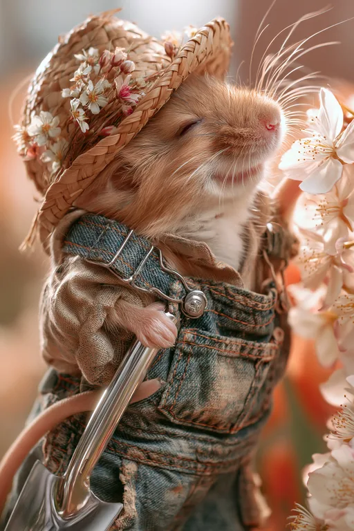 A charming mouse dressed in overalls and a straw hat adorned with