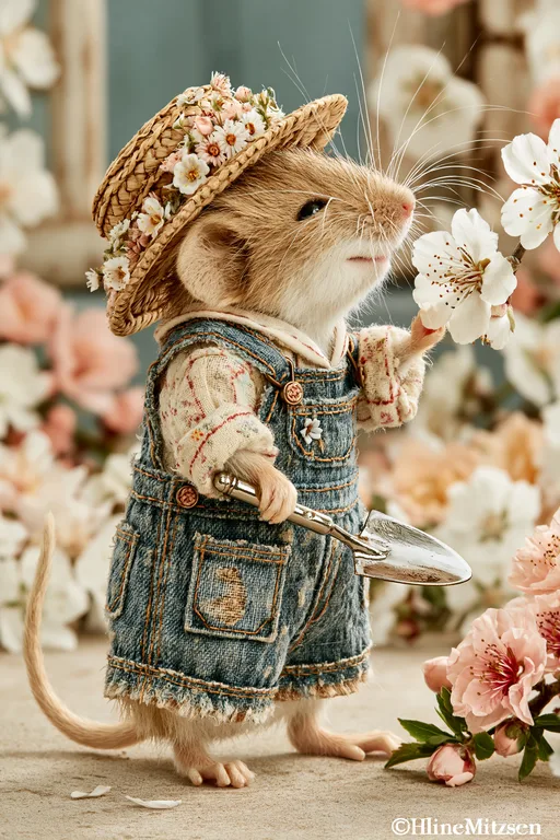 A charming mouse dressed in denim overalls and a straw hat adorned