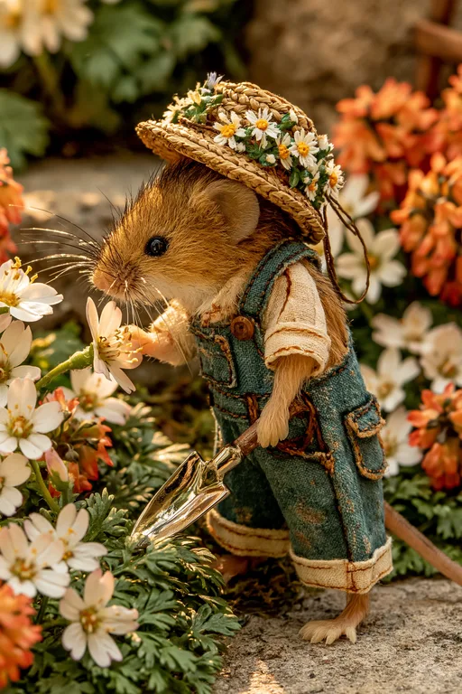 A charming mouse dressed as a gardener is tending to flowers in a