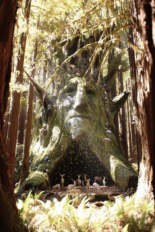 A colossal, ancient tree with a carved face of a wise old man stands