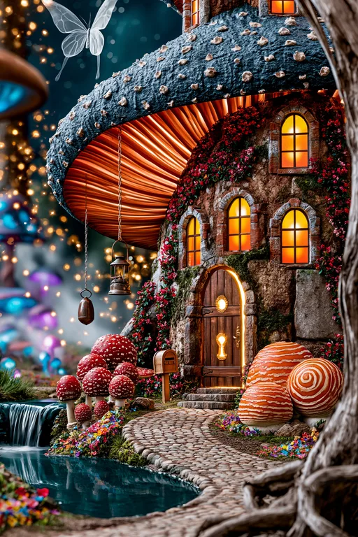 A whimsical mushroom house nestled in a magical forest