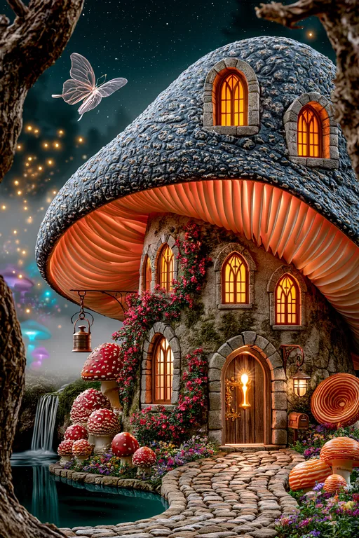 A whimsical mushroom house stands nestled in a magical forest at night