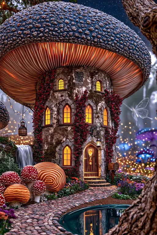 A whimsical mushroom-shaped house stands nestled in a magical forest
