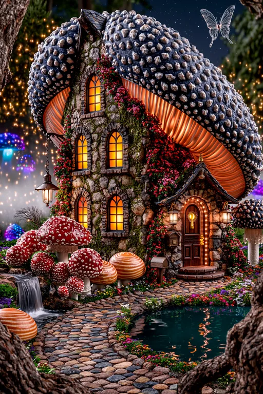 A whimsical mushroom house nestled in a magical forest at night