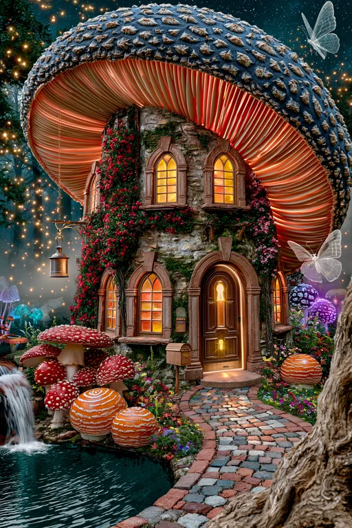 A whimsical mushroom house stands nestled in a magical forest at night
