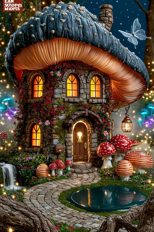 A whimsical mushroom house nestled in a magical forest at night