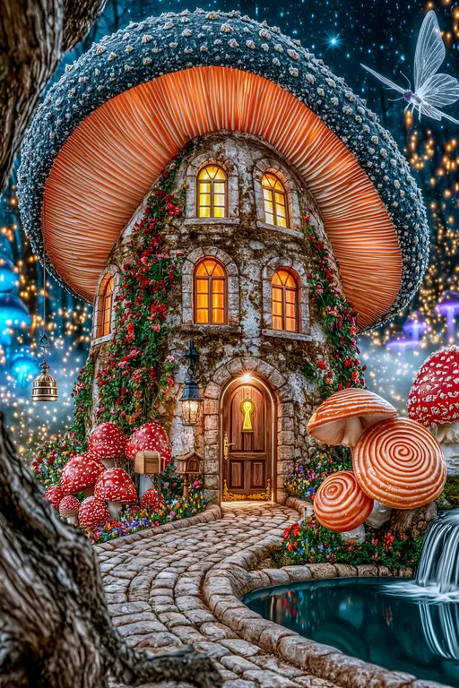 A whimsical mushroom-shaped house stands nestled in a magical forest