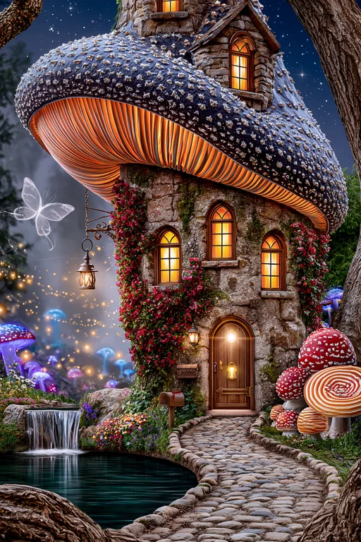 A whimsical mushroom-shaped house stands nestled in a magical forest