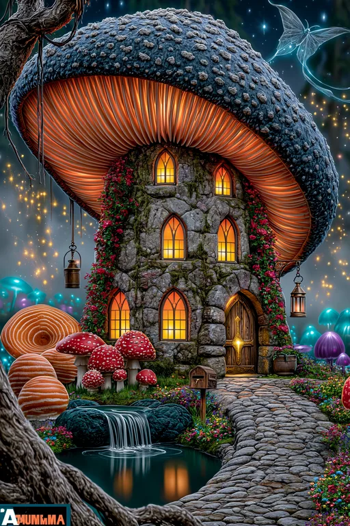 A whimsical mushroom house stands nestled in a magical forest