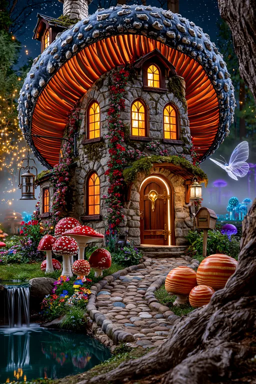 A whimsical mushroom-shaped house stands in a magical forest at night