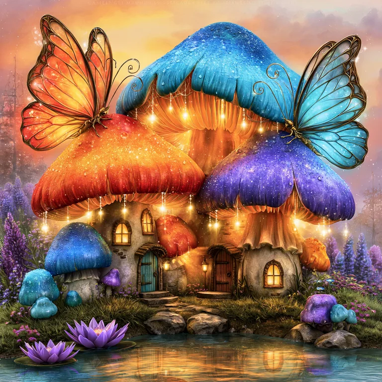 A whimsical mushroom village is nestled in a magical forest,