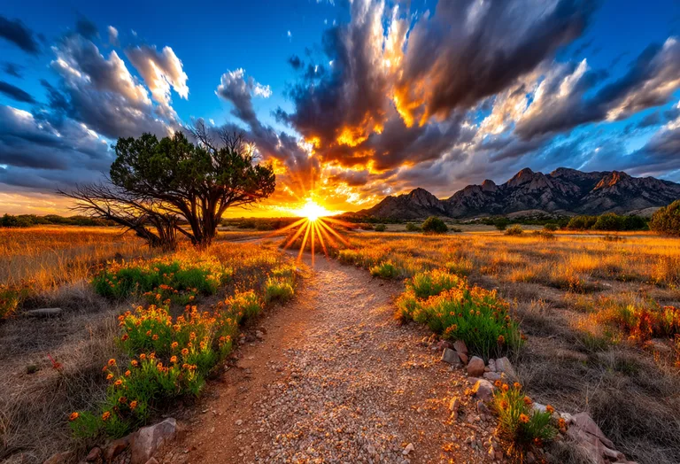 A dramatic sunset paints the sky with vibrant oranges and yellows,