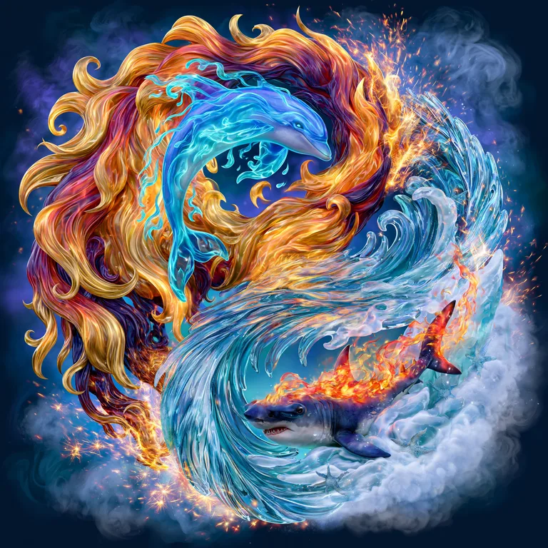 A dynamic yin-yang symbol is depicted, with a blue dolphin made of