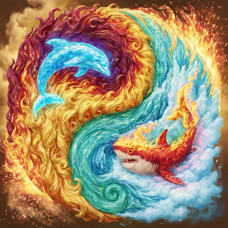 A stylized yin-yang symbol is depicted, with a glowing blue dolphin