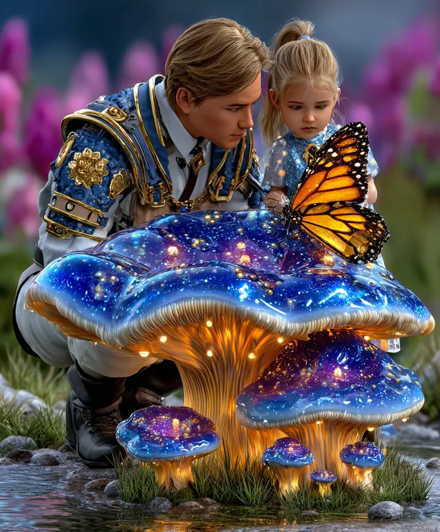 A man and a young girl are captivated by a large, glowing mushroom in