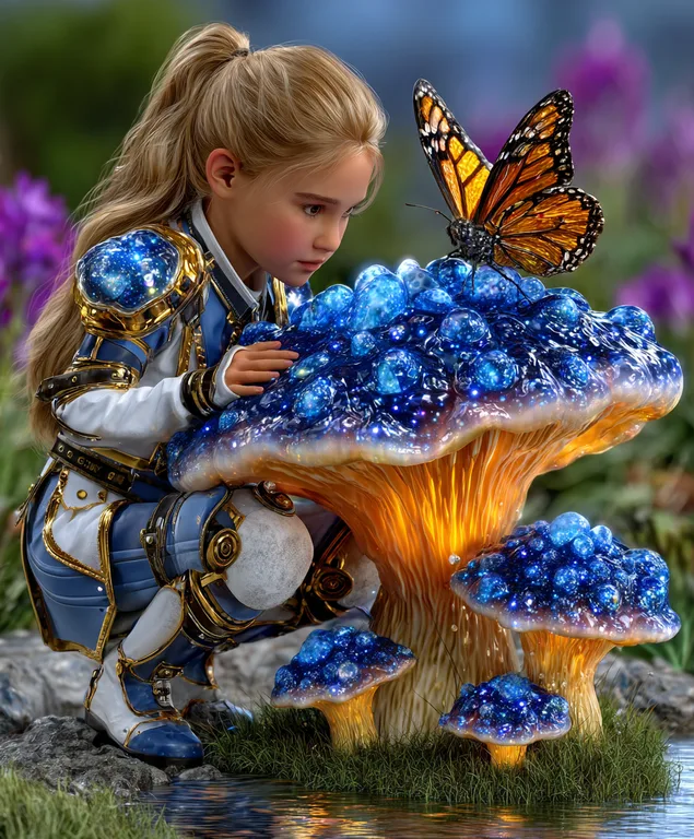 A young girl with blonde hair in a ponytail kneels to examine a