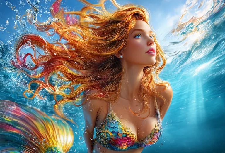 A beautiful mermaid with long, flowing red hair is depicted underwater