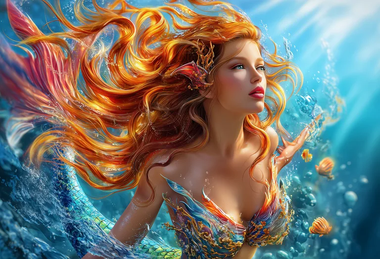 A beautiful mermaid with flowing fiery red hair is depicted in an