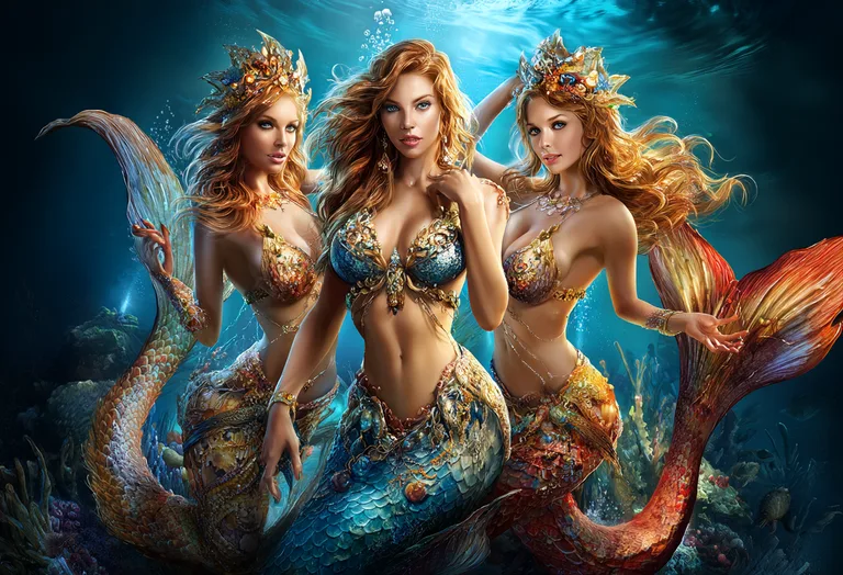 Three beautiful mermaids with long, flowing hair and ornate crowns
