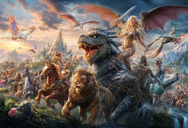 A grand fantasy battle scene unfolds with a fierce dragon and a