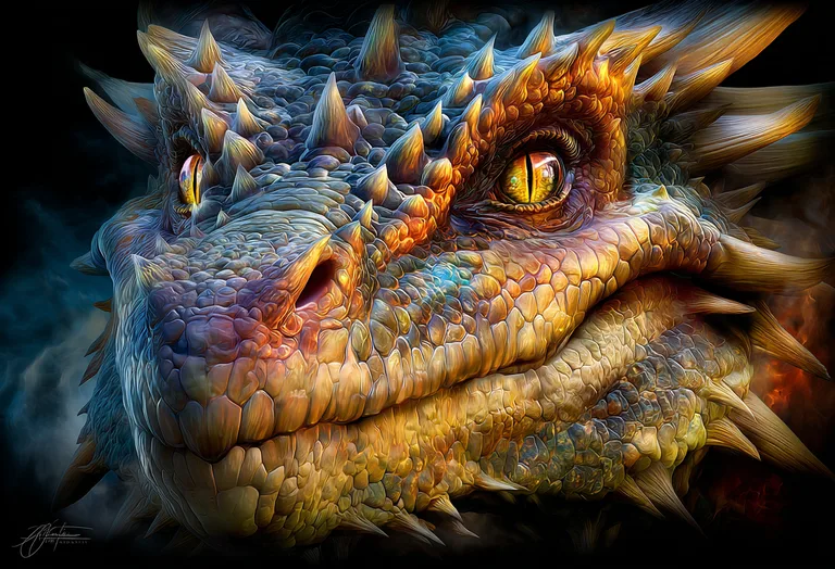A close-up, detailed portrait of a dragon's head
