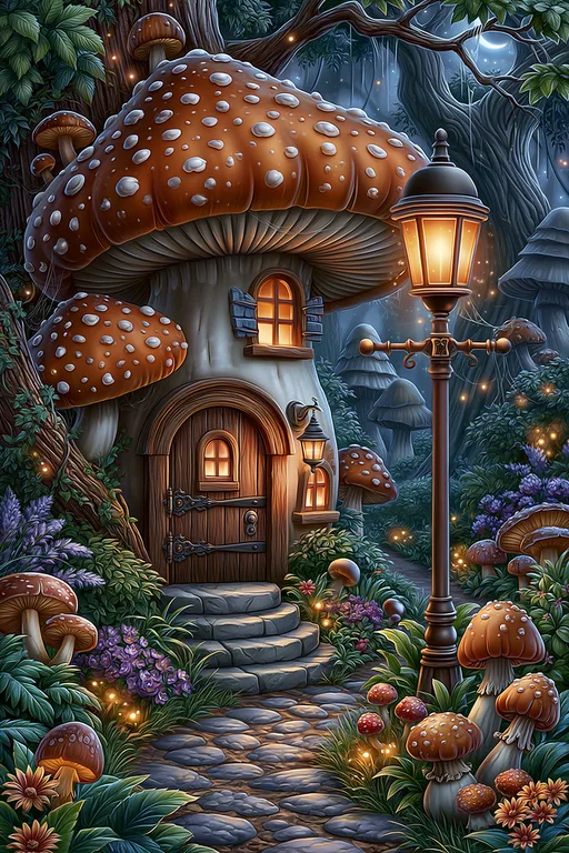 A whimsical mushroom house stands nestled in a magical forest at dusk